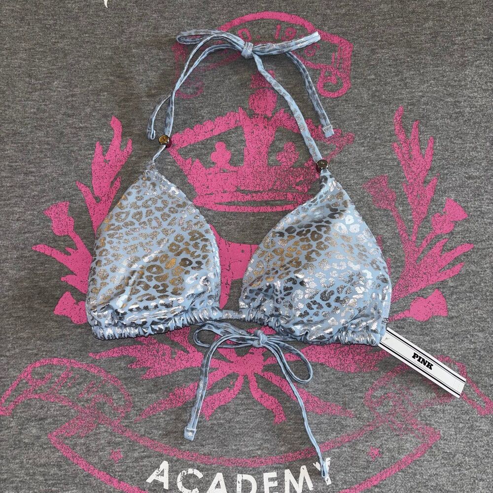 Victoria’s Secret PINK String Bikini Set Icy Blue Leopard Foil Metallic SM - Picture 4 of 12